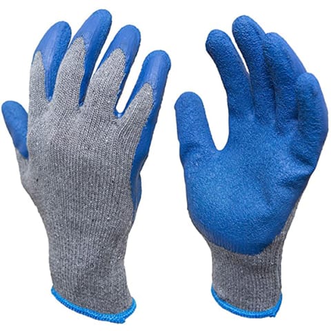 grey cotton gardening gloves with blue fingerprints