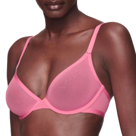 woman in bright pink bra