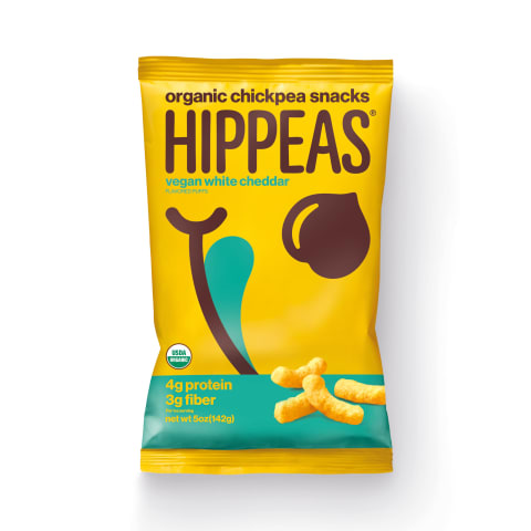 Hippeas brand snack package with yellow, blue, and brown coloring. Images of white cheddar puffs on the front. 