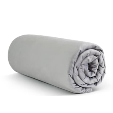 Grey weighted blanket, rolled up like a sleeping bag. Grey weighted blanket, rolled up like a sleeping bag.