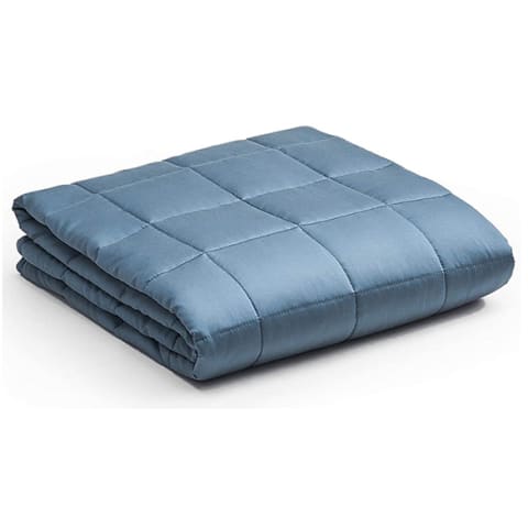 Grey blue weighted blanket from YNM, folded up. 