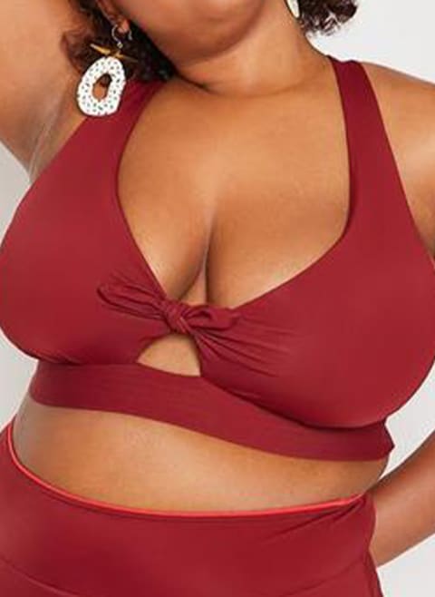 ruby red bathing suit top with front tie detail