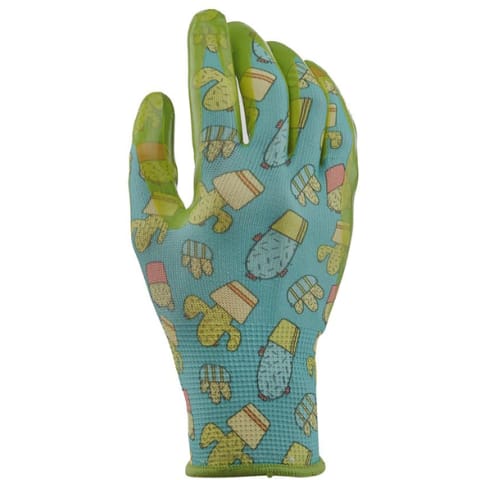 blue gardening gloves with cactus print