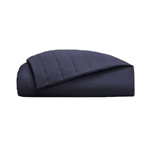 Navy blue fluffy weighted blanket, folded. 