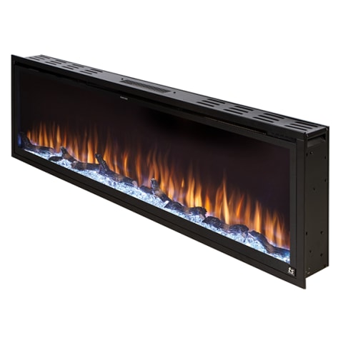 sleek wall-mounted fireplace in black with flames