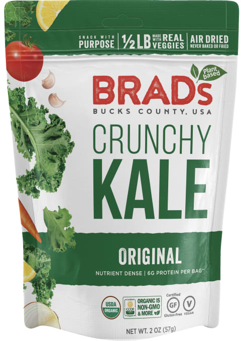 Brad's Plant Based Original Crunchy Kale chips package with green font and images of kale leaves on the front.