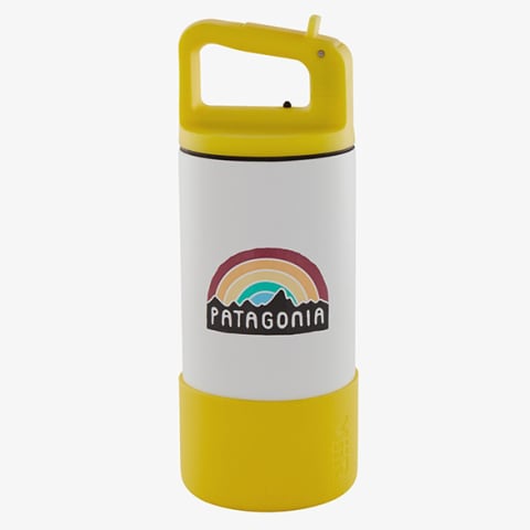 white insulated water bottle with golden yellow base and cap