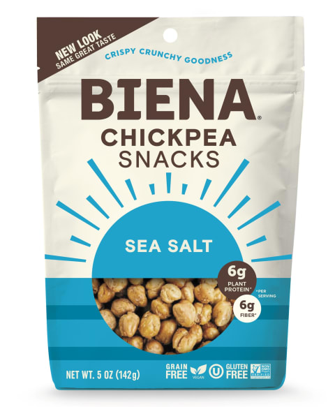 Biena chickpea snack package with brown font and roasted salty chickpeas on the front.
