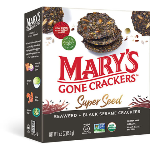 Mary's Gone Crackers Super Seed cracker box with seaweed and black sesame, red font with photos of seedy black crackers.