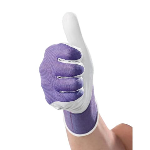 white gardening gloves with purple fingers