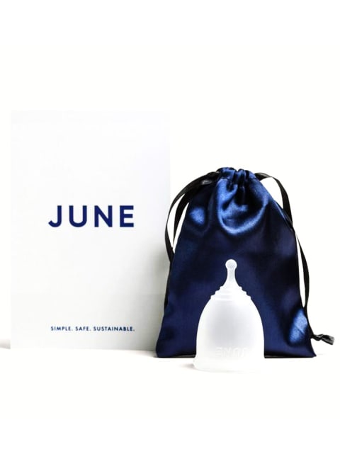 Clear menstrual cup with June packaging and blue silk bag