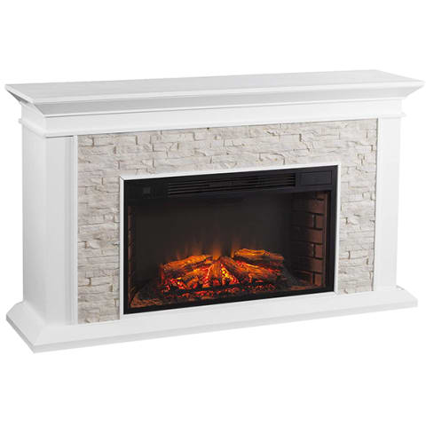 white brick electric fireplace with white mantle