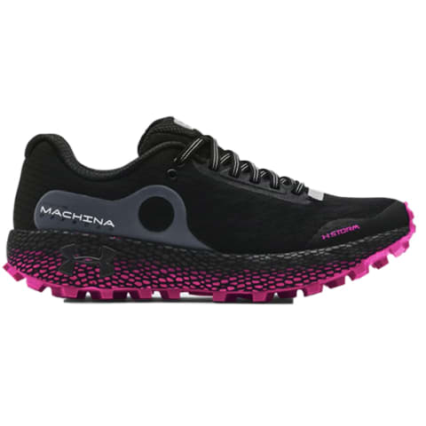 Black trail running shoe with pink soles 