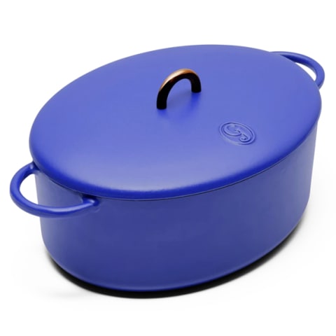 bright blue oval dutch oven