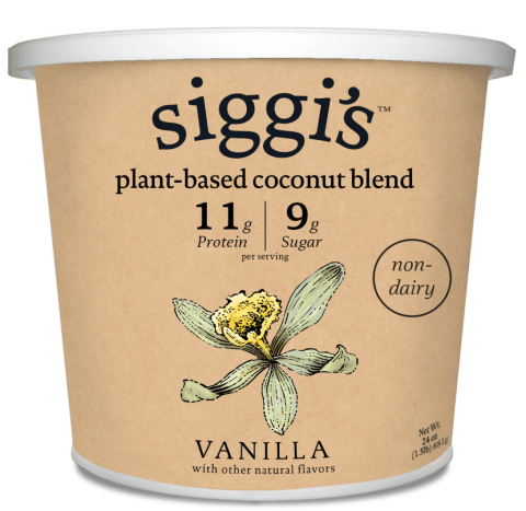 Brown yogurt container with a vanilla flower on the front, Siggi's plant-based coconut vanilla yogurt.
