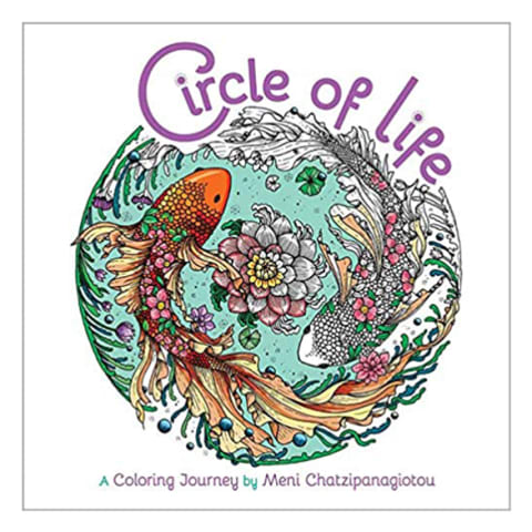 circle of life coloring book cover with zen pond