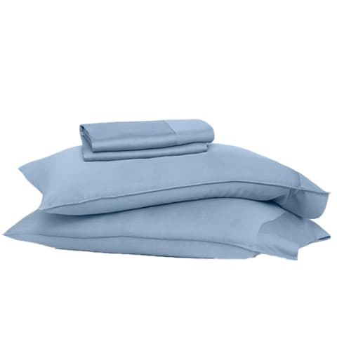blue pillows and sheets stacked