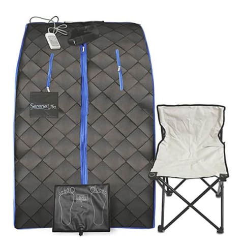Black sauna tent with blue zipper, accompanied by foot pad and folding chair