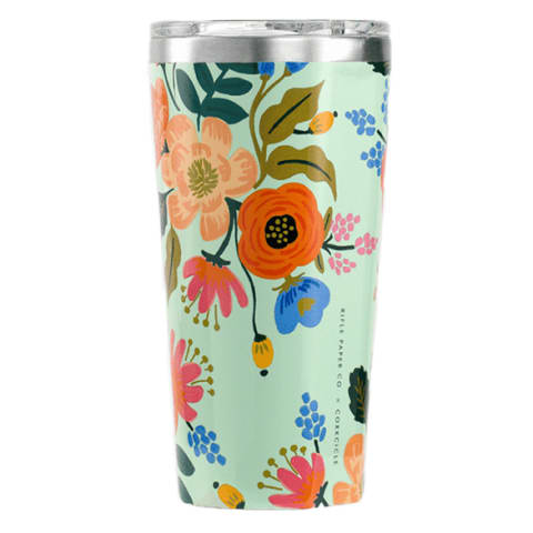 green coffee tumbler with bright flower design