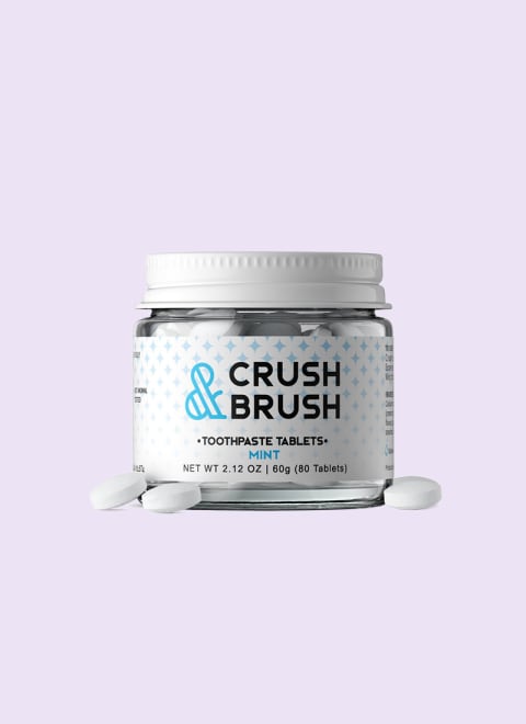 Crush & Brush toothpaste tablets in glass jar