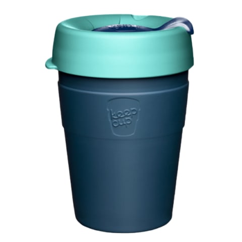 dark blue coffee cup with teal lid