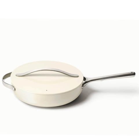 white saute pan with aluminum handle