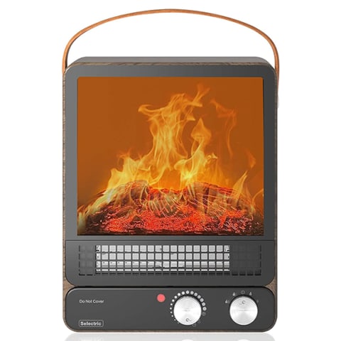 retro portable electronic fireplace with leather handle