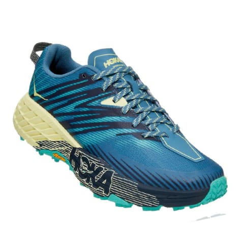 HOKA blue yellow and black trail running sneaker