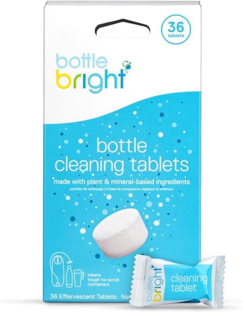 bottle cleaning tablets in blue container