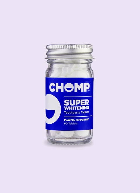 Chomp toothpaste tablets in glass jar