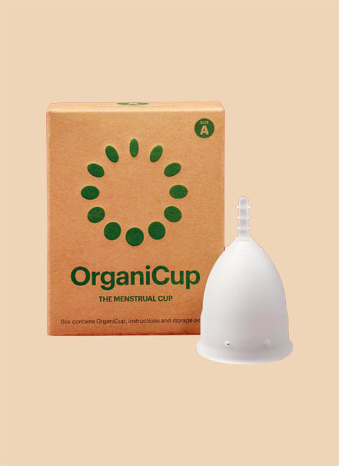 OrganiCup brand menstrual cup in white