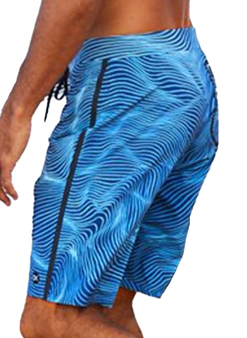 men's swim trunks in blue and black wave pattern