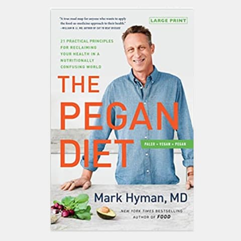 Book titled The Pegan Diet by Mark Hyman M.D. with a photo of Dr. Hyman in a blue shirt 