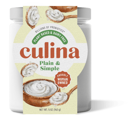 Culina yogurt packaging with a spoonful and bowl full of white yogurt illustrated on the front. 