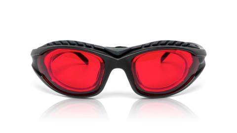 glasses with thick black frames and red lenses