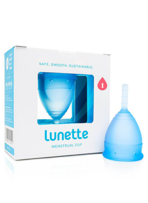 Blue Lunette menstrual cup with packaging
