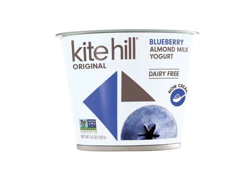 Kite Hill white yogurt container with blueberry on the front.