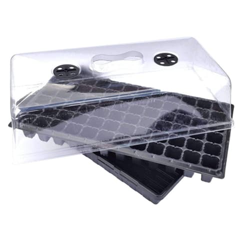 black seed starter tray with clear covering
