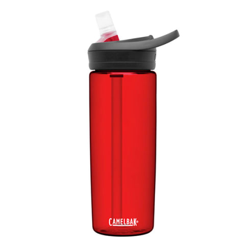 red reusable plastic water bottle with straw