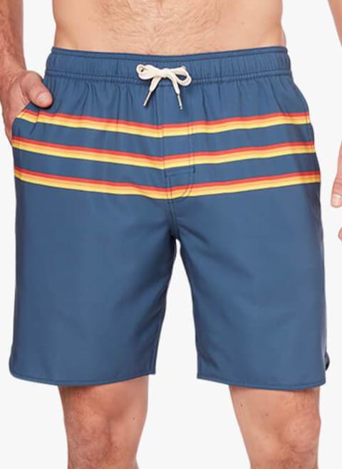 men's swim trunks in dark blue with red and yellow stripe