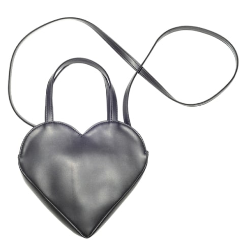 black vegan leather bag in heart shape with strap