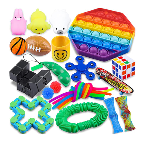 colorful arrangement of fidget tools and toys for kids