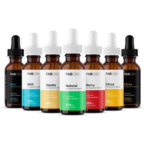 an array of CBD dropper bottles in different colors