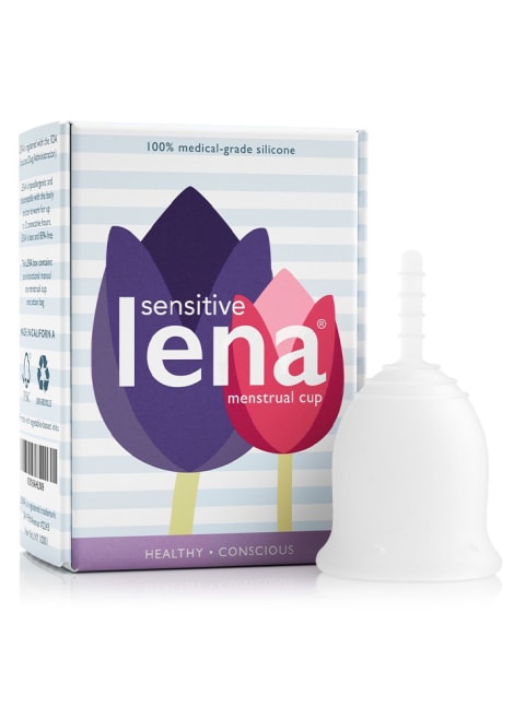 Lena sensitive menstrual cup with packaging