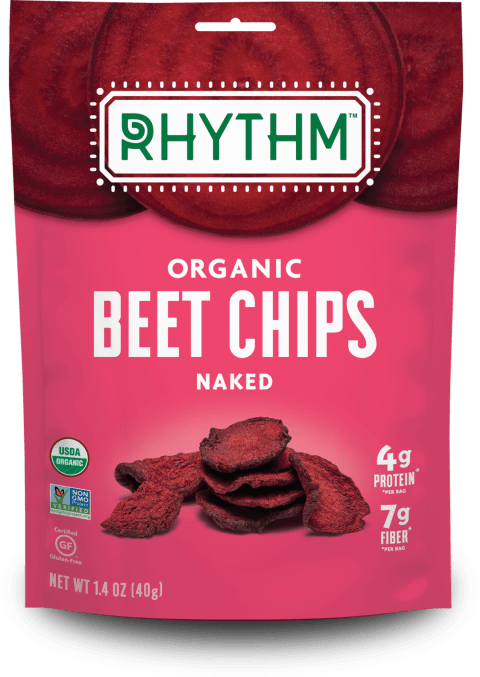 Pink and red Rhythm beet chip snack packaging with beet chips photographed on the front.