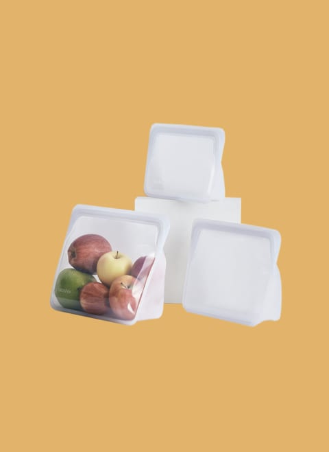 Stasher stand up silicone bags filled with apples