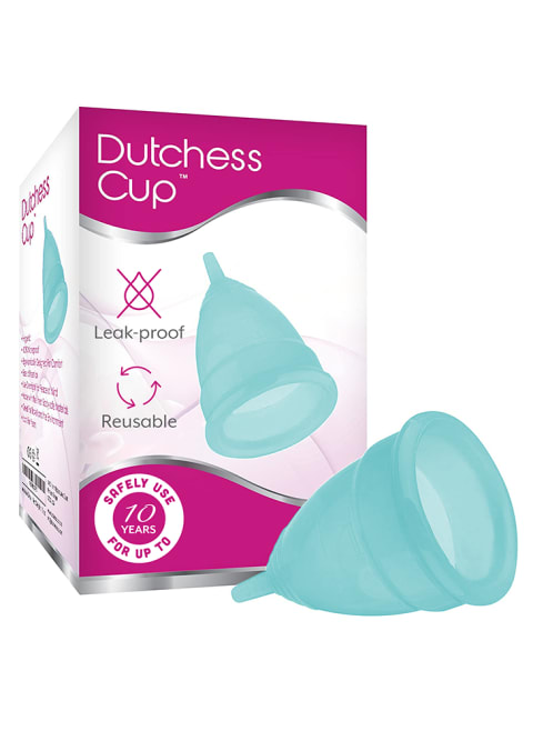 Blue Dutchess menstrual cup with packaging
