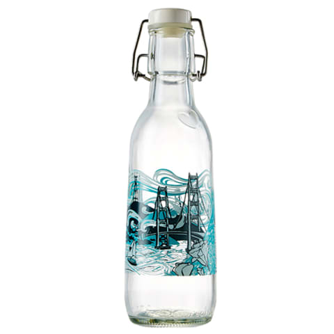 glass water bottle with san francisco skyline printed on it