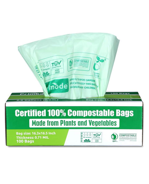 compostable green trash bag in green box