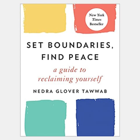 White book cover with a square in each corner, one yellow, orange, green, and blue. Book titled Set Boundaries, Find Peace by Nedra Glover Tawwab